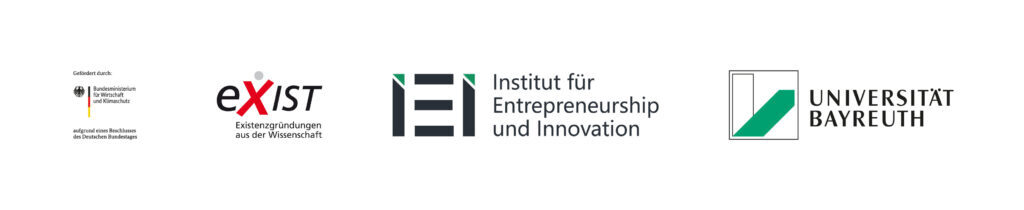 Logo row of the IEI Institute, eXIST, Institute for Entrepreneurship and Innovation, University of Bayreuth